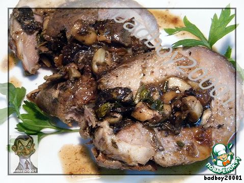 Pork shoulder with mushrooms, prunes and nuts