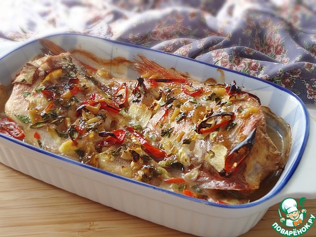 Baked sea bass with ginger and pepper