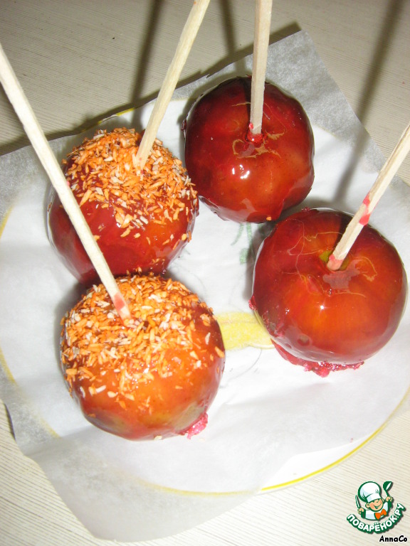 Apples on a stick in caramel