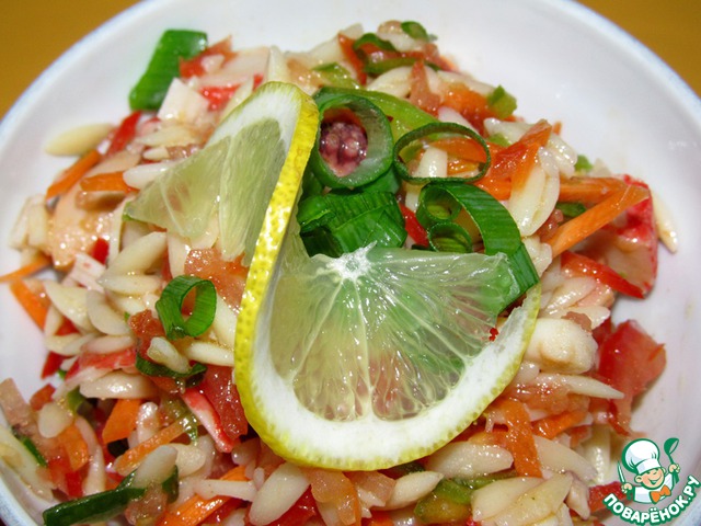 Seafood salad with vegetables and Orzo noodles