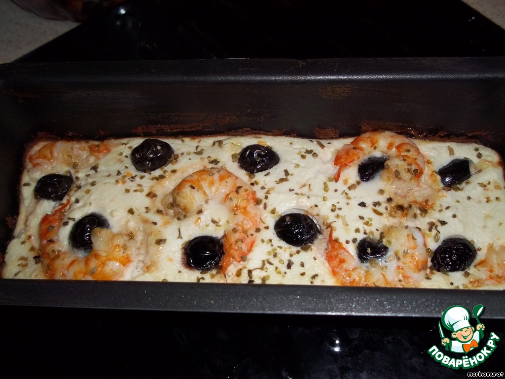 Pate with cheese, shrimp and olives