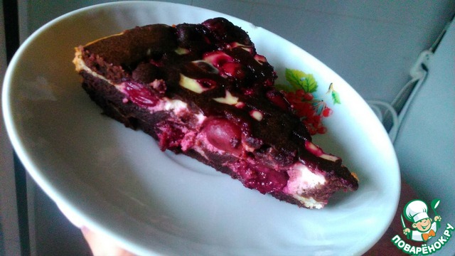 Chocolate brownie with cherries and cream cheese