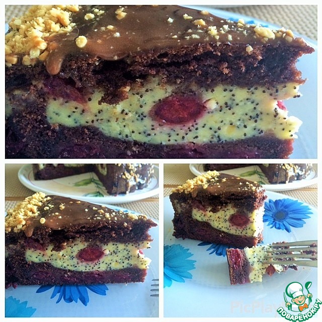 Chocolate-cherry pie with cottage cheese and poppy fillings