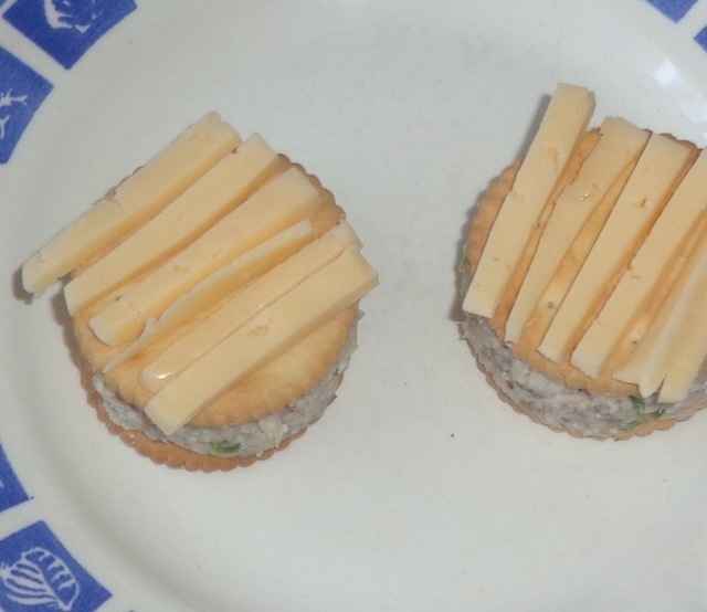 Cracker with toppings under cheese 