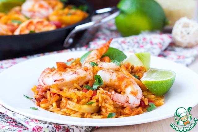 Paella with seafood and chorizo