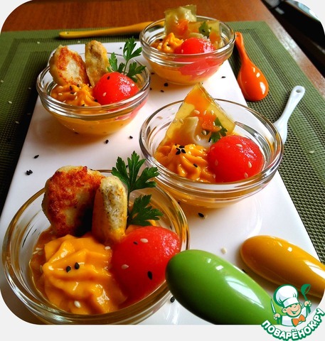 Многоликая рыба с морковным кремом и томатным желе