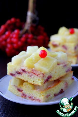 Baked cottage cheese pudding with cherry and pineapple