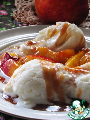 Nectarines in caramel with balsamic vinegar and ice cream