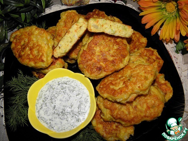 Fish and vegetable fritters with horseradish cream