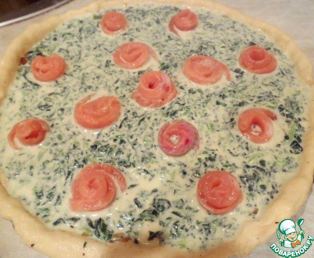 Cottage cheese pie with fish roses in the pouring
