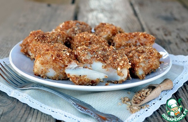 Cubes of cod in buckwheat batter