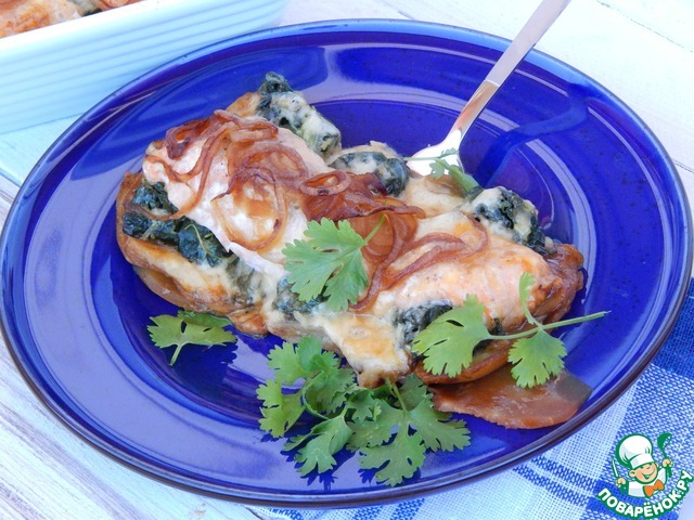 Salmon baked with pickled onions and spinach