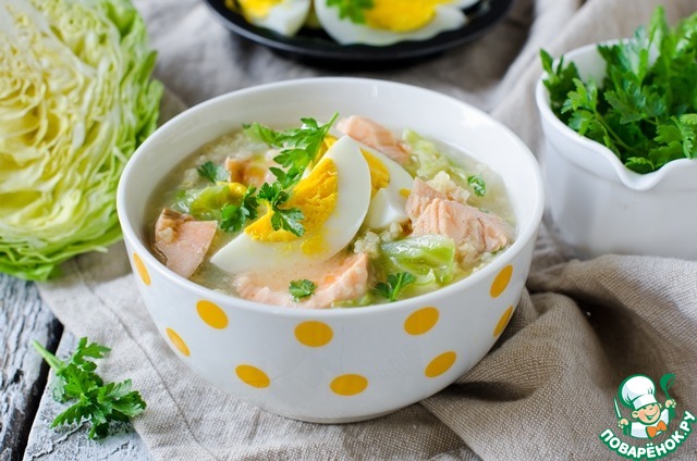 Millet soup with salmon and young cabbage