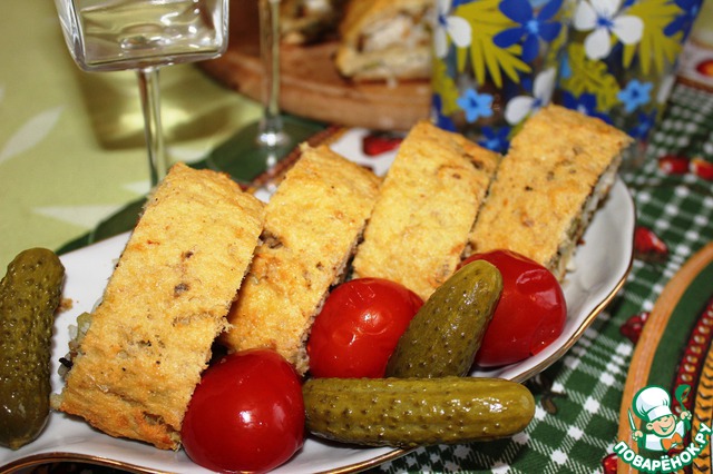 Fish roulade with rice, eggplant and pickles