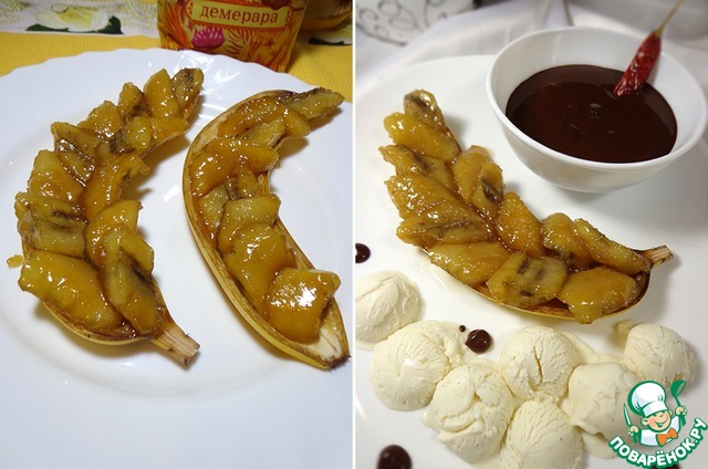 Vanilla ice cream with caramelized bananas and spicy sauce