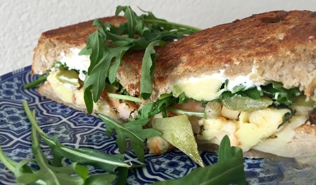 Sandwich, seafood, honey and cheese