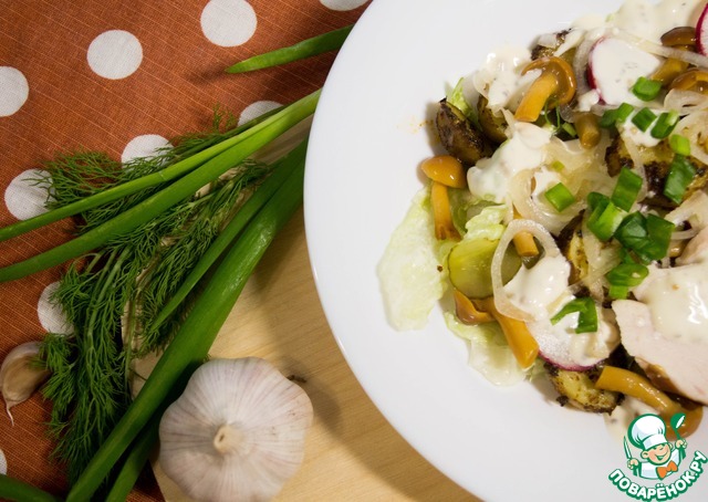 Salad with chicken, vegetables and pickles