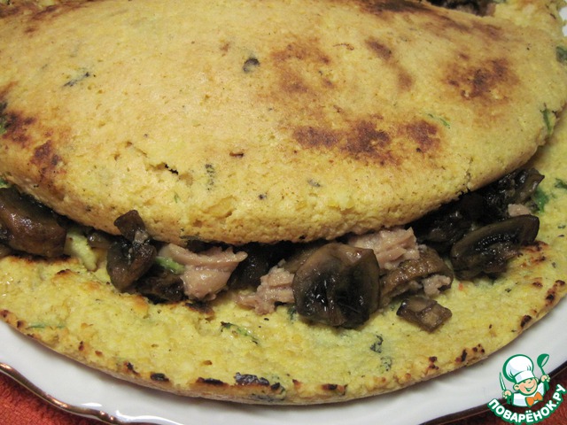 Pea pancakes with mushrooms and cod liver