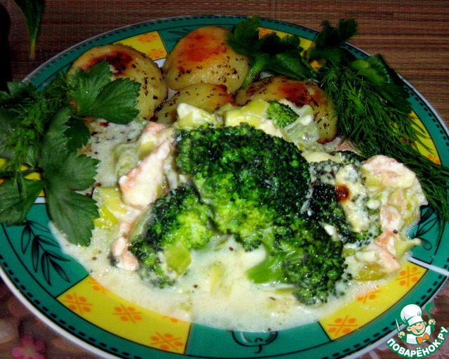 Casserole of salmon and broccoli