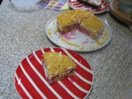 Carrot cake with currant jam and cream