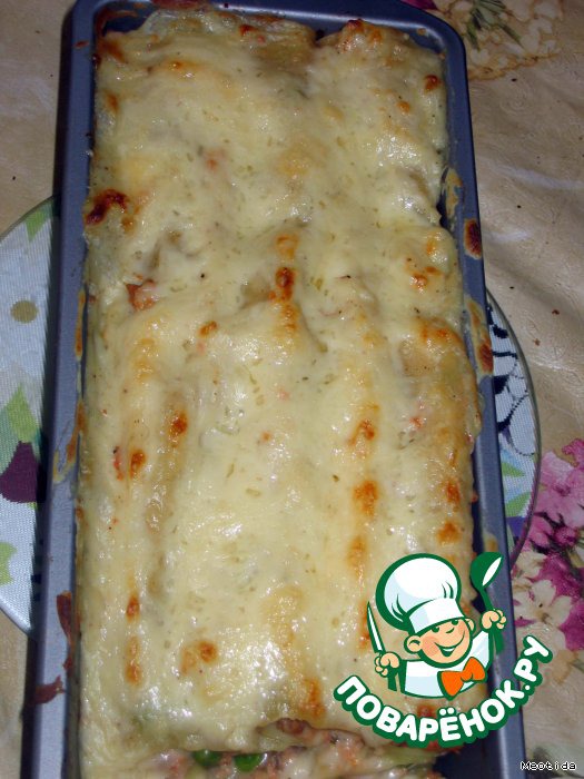 Cannelloni with three kinds of meat and green peas