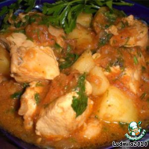 Chicken stewed with tomatoes and onions