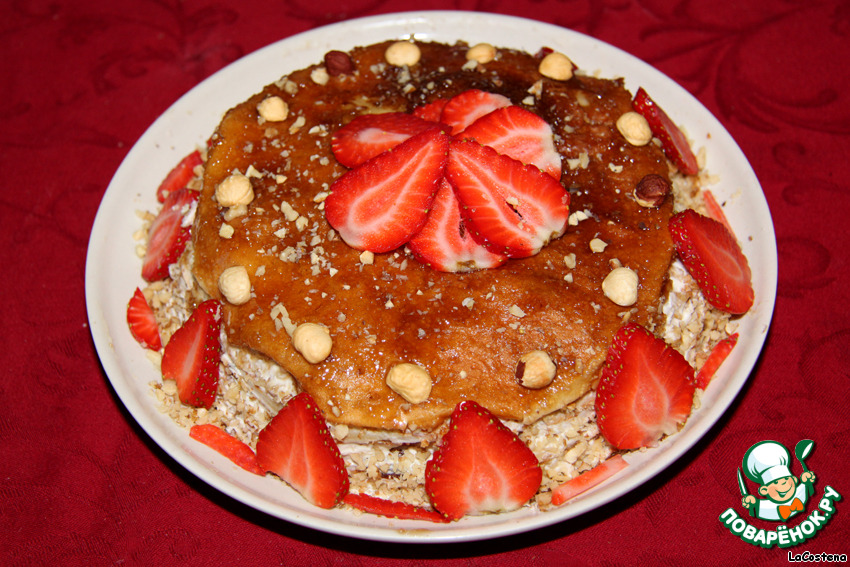 Crepe cake with strawberries and nuts