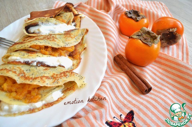 Poppy pancakes with persimmon and cream cheese