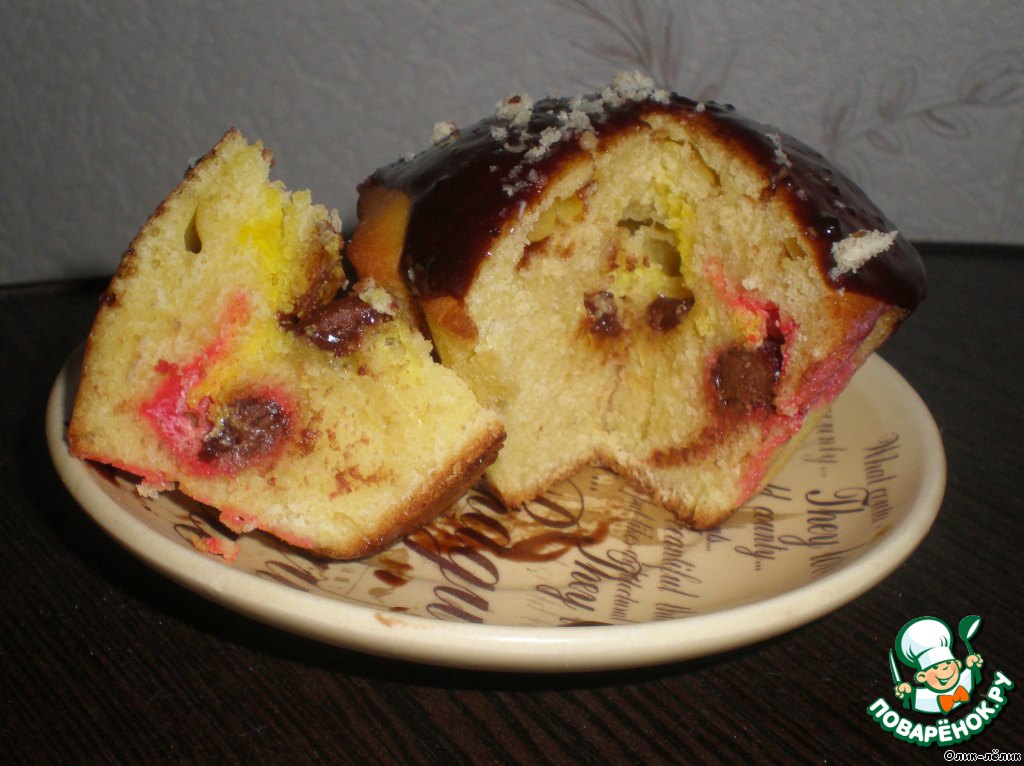 Muffins with jelly beans in a chocolate glaze