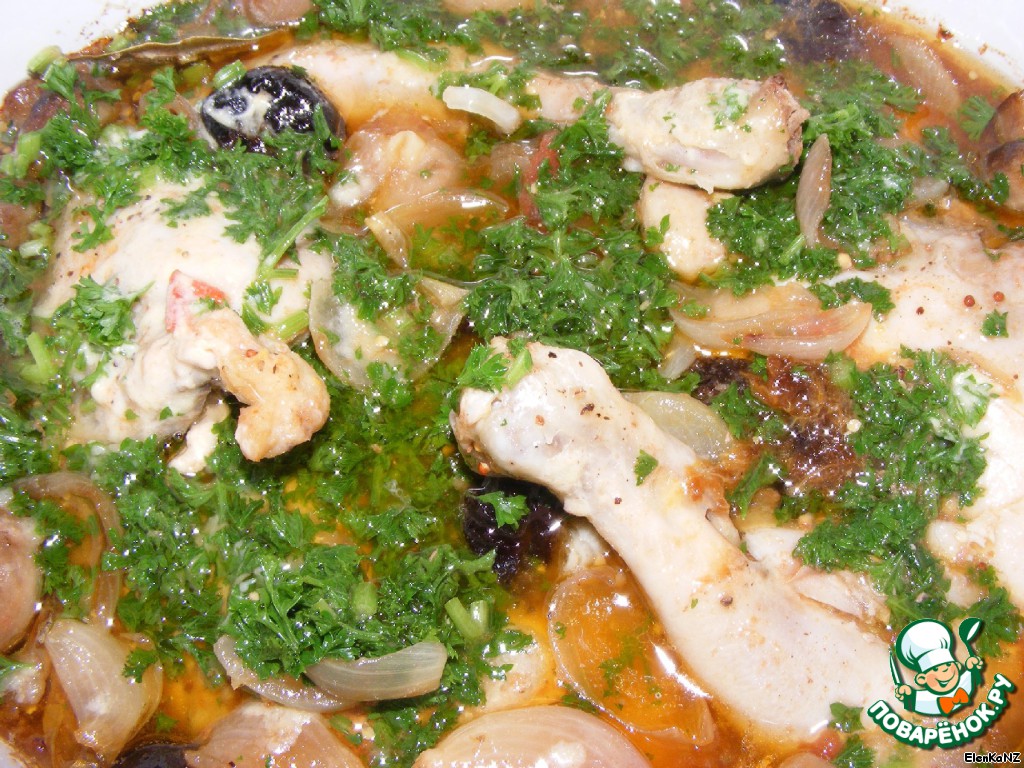 Chicken legs braised in beer with prunes
