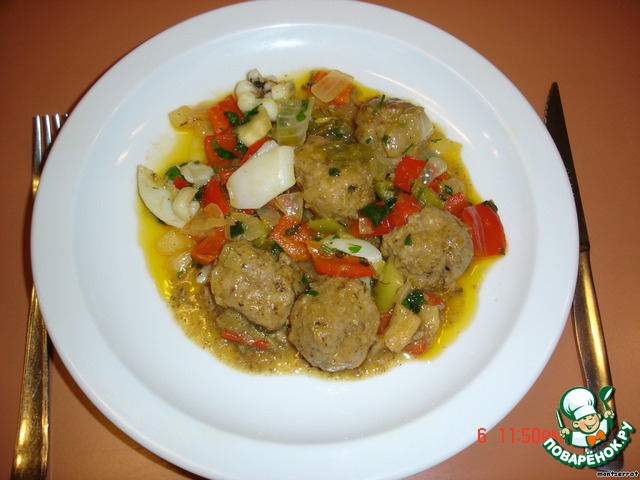 Meatballs stewed with vegetables and cuttlefish