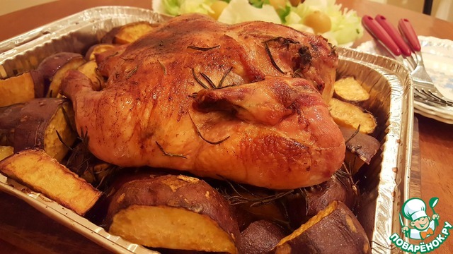 The chicken on the sweet potato