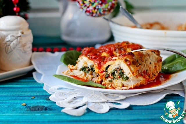 Chicken rolls with lentils and spinach