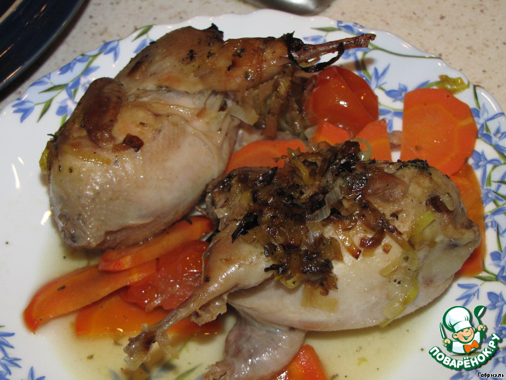 Quail in white wine with leeks and carrots