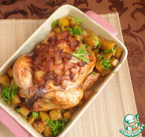 Chicken baked in bacon with potatoes