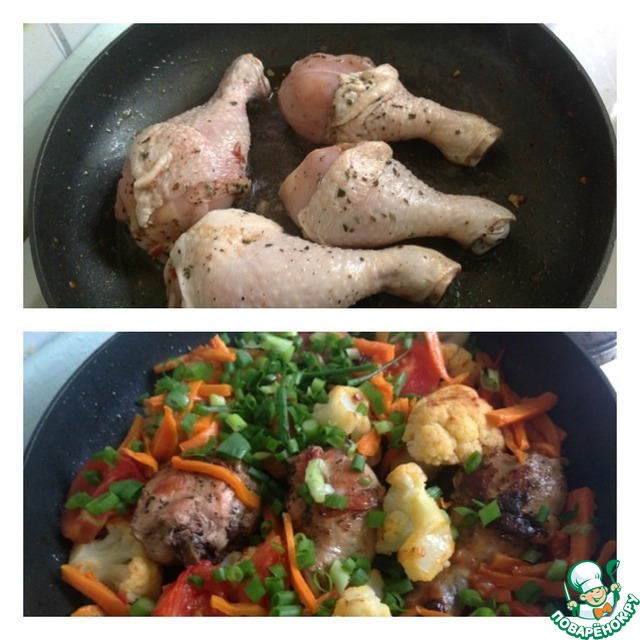 Marinated chicken drumsticks with cauliflower and vegetables