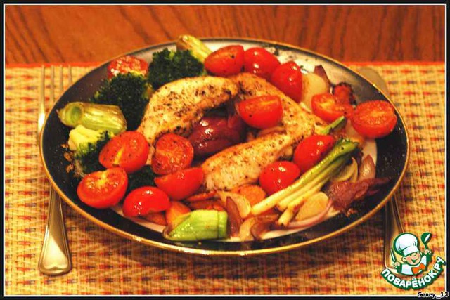 Tender fried chicken breast fillets with vegetables