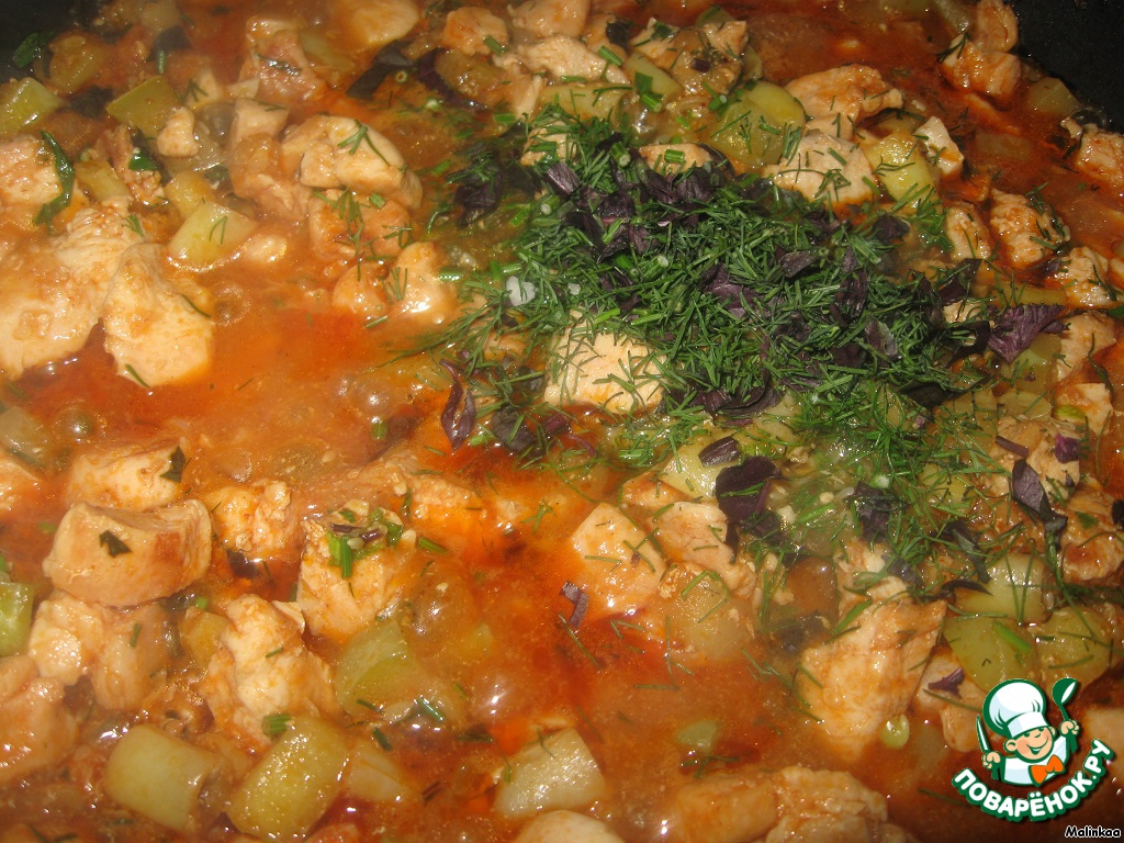 Chicken breast stewed with vegetables in tomato sauce