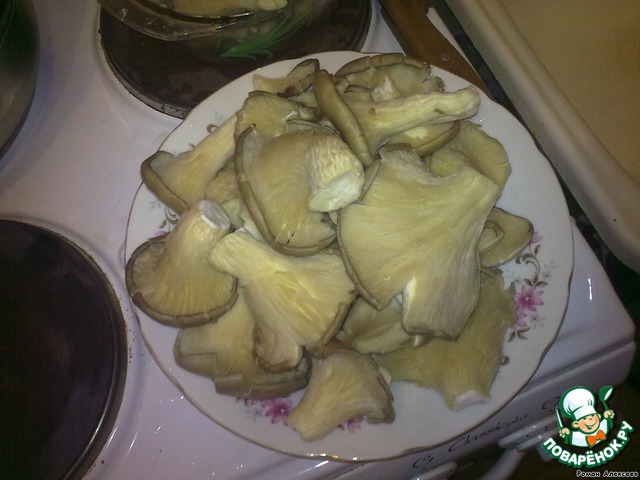 Pasta in a creamy garlic sauce with trout and oyster mushrooms