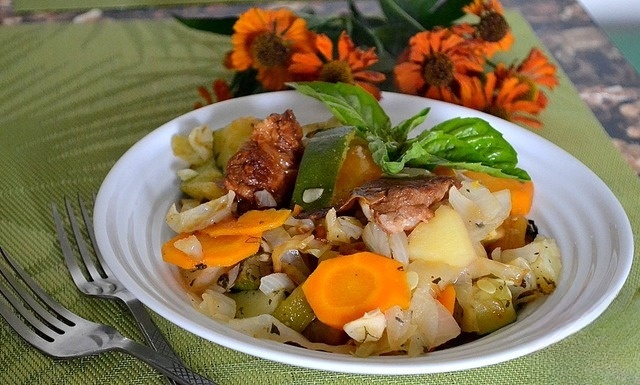 Vegetable stew with pork and greens