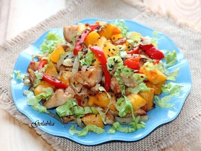 Baked pumpkin with marinated chicken