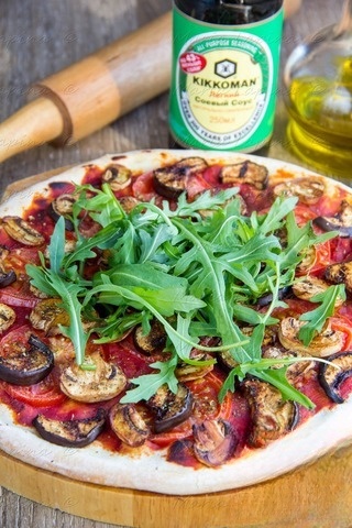 Vegetable pizza with eggplant and mushrooms
