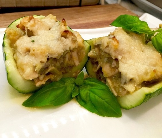 Zucchini boats stuffed with chicken and mushrooms