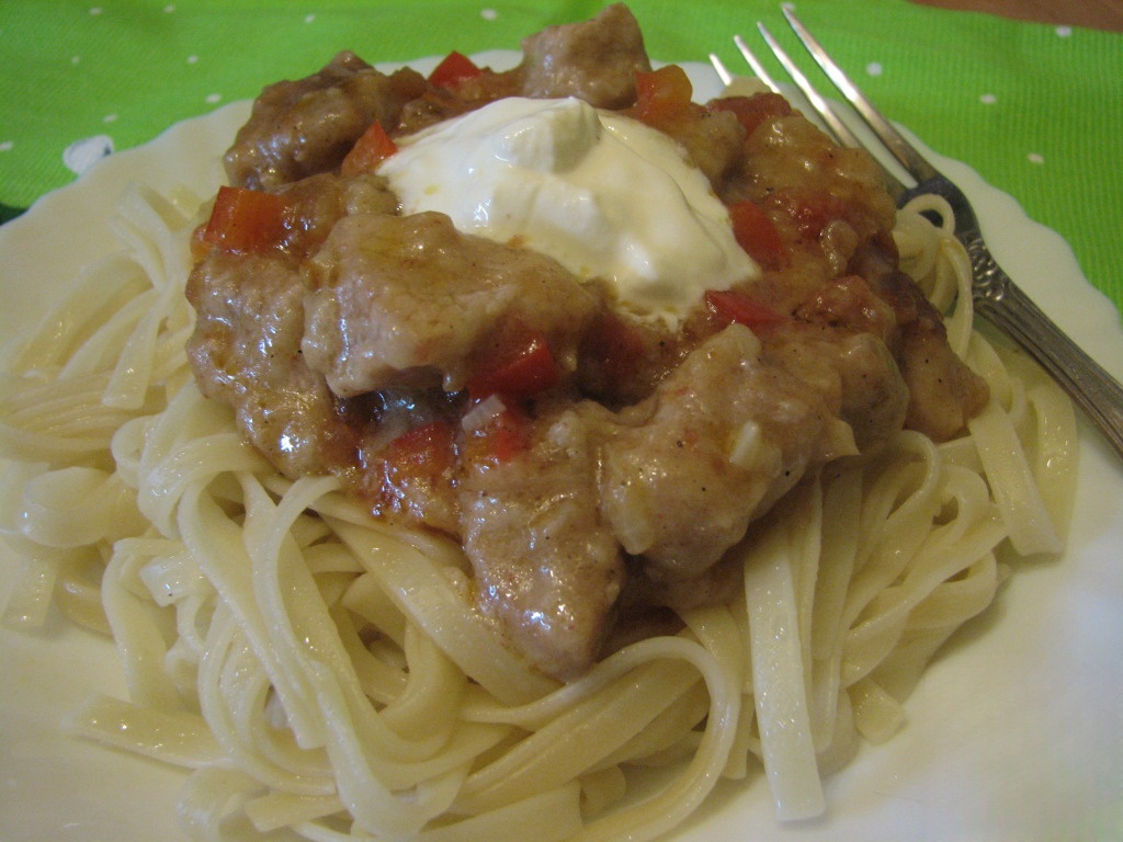 Stew meat and paprika with egg noodles