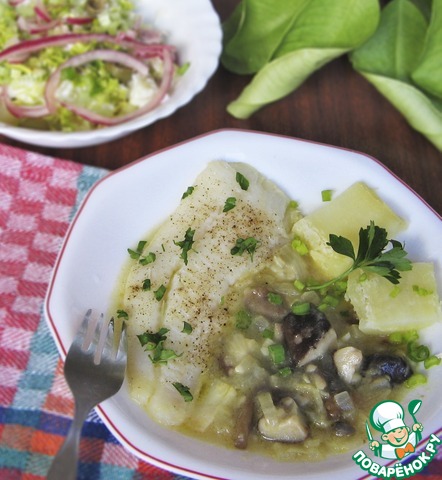Камбала, запеченная с грибами