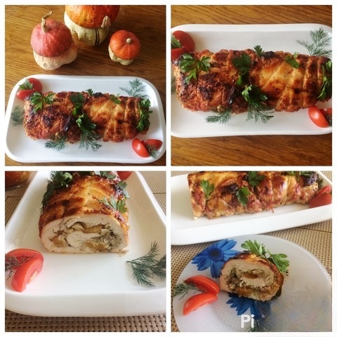 Куриный рулет с курагой и грибами