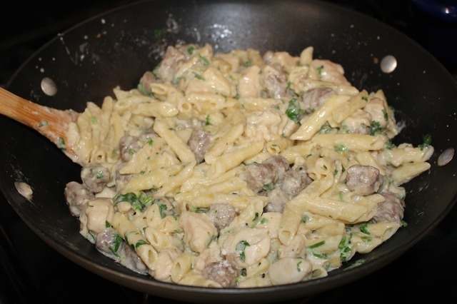 Pasta Alfredo with chicken and sausages