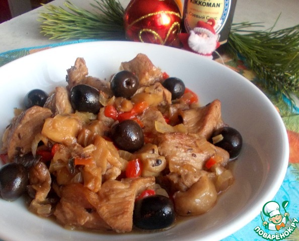 Pork with olives and shiitake
