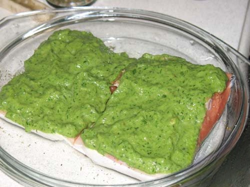 Salmon with spring green sauce