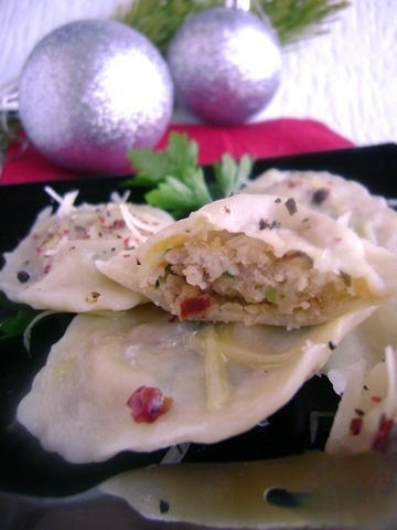 Homemade ravioli of rabbit with lentils